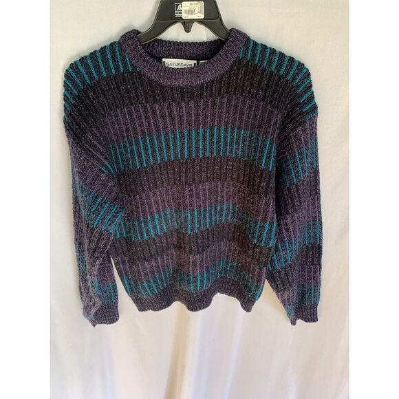 Mens M Saturdays  Purple Teal Abstract Pullover‎ 90s Striped Grandpa Sweater - Picture 1 of 7